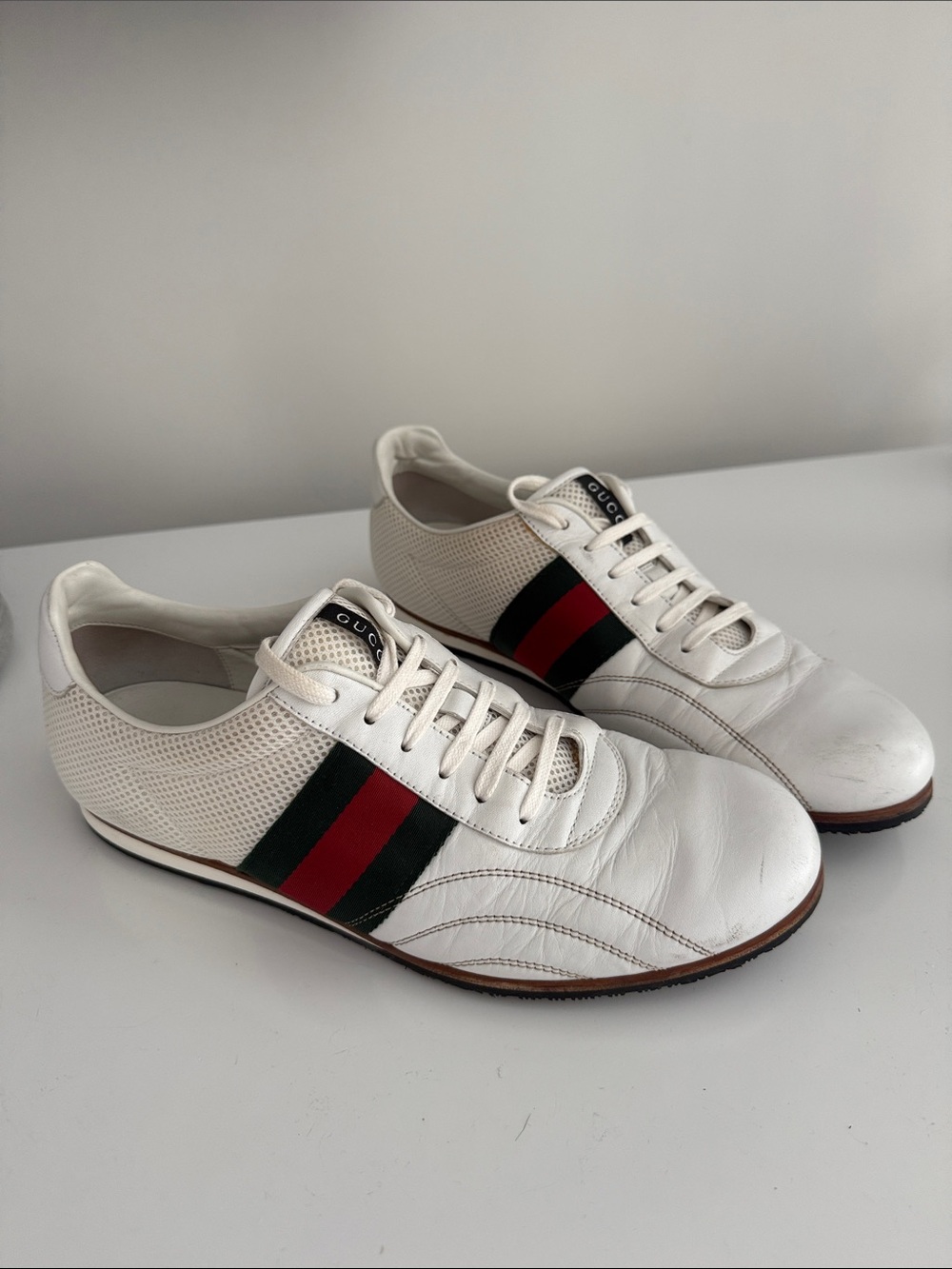 Men’s Gucci White Leather Sneakers with Red and Green Web Stripe Accent